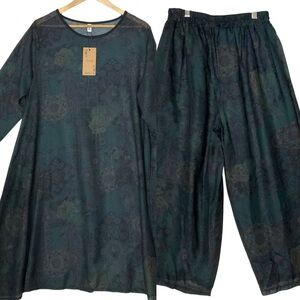 JING XIU sz ? 2Pc Pant Set Tunic Top Pockets Stretch Waist Sheer Green Multi